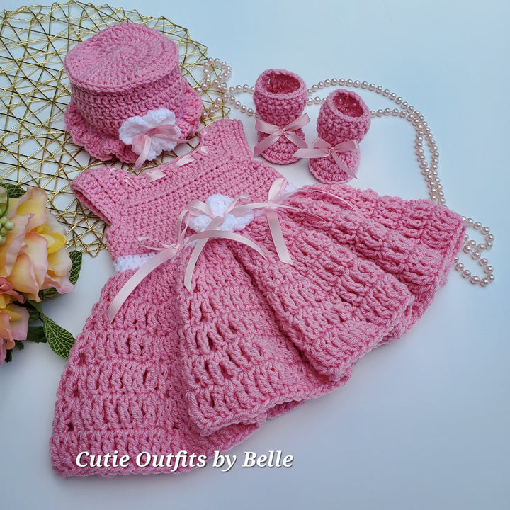 Pink Crochet Baby Dress, Hat and Booties