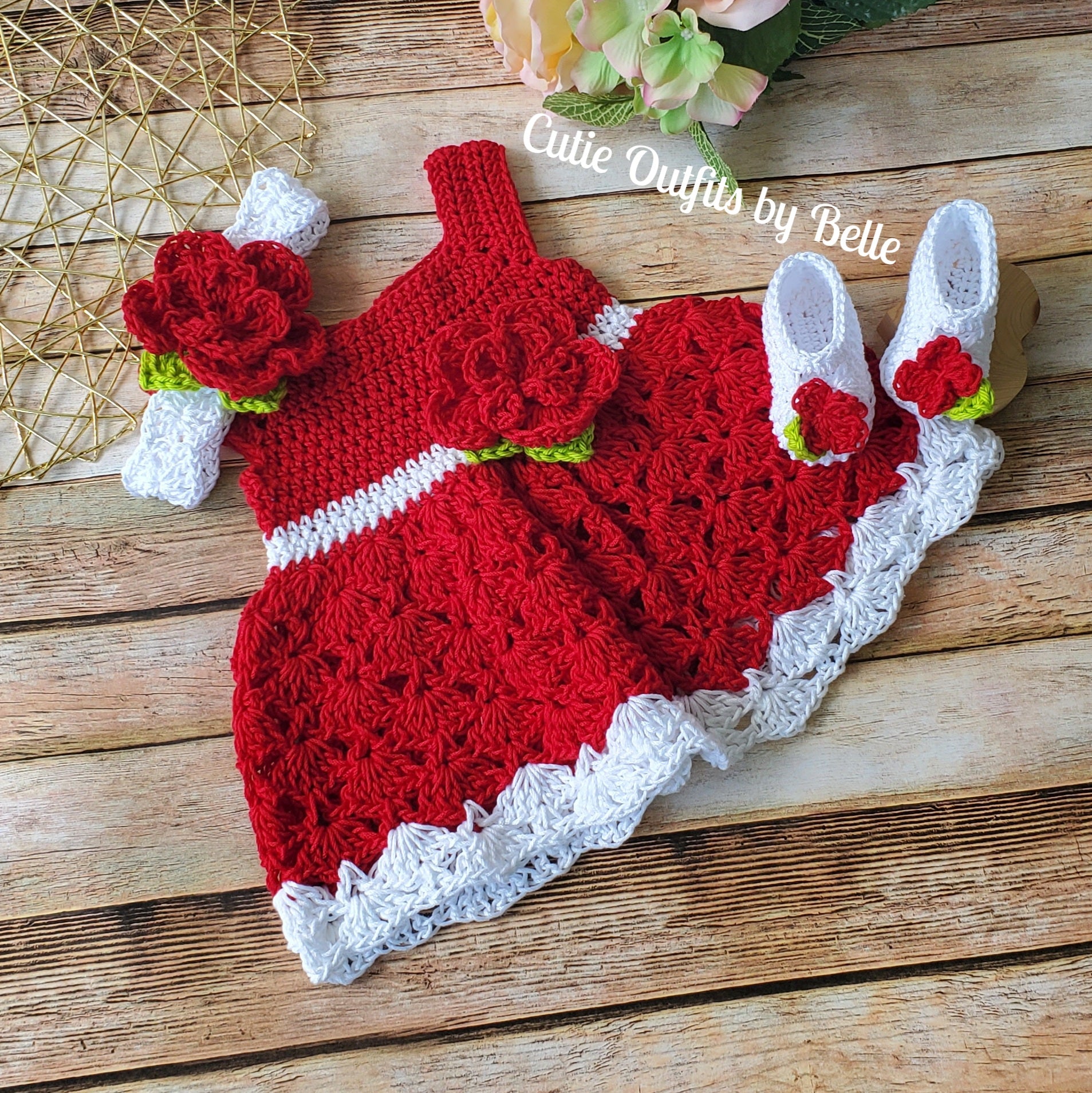 Crochet Christmas Baby Dress, Cotton Crochet Baby Outfit, Red Baby Dress, Coming Home Outfit,Baby Shower Gift, Vestido Bebe Only Dress & Headband 2pc