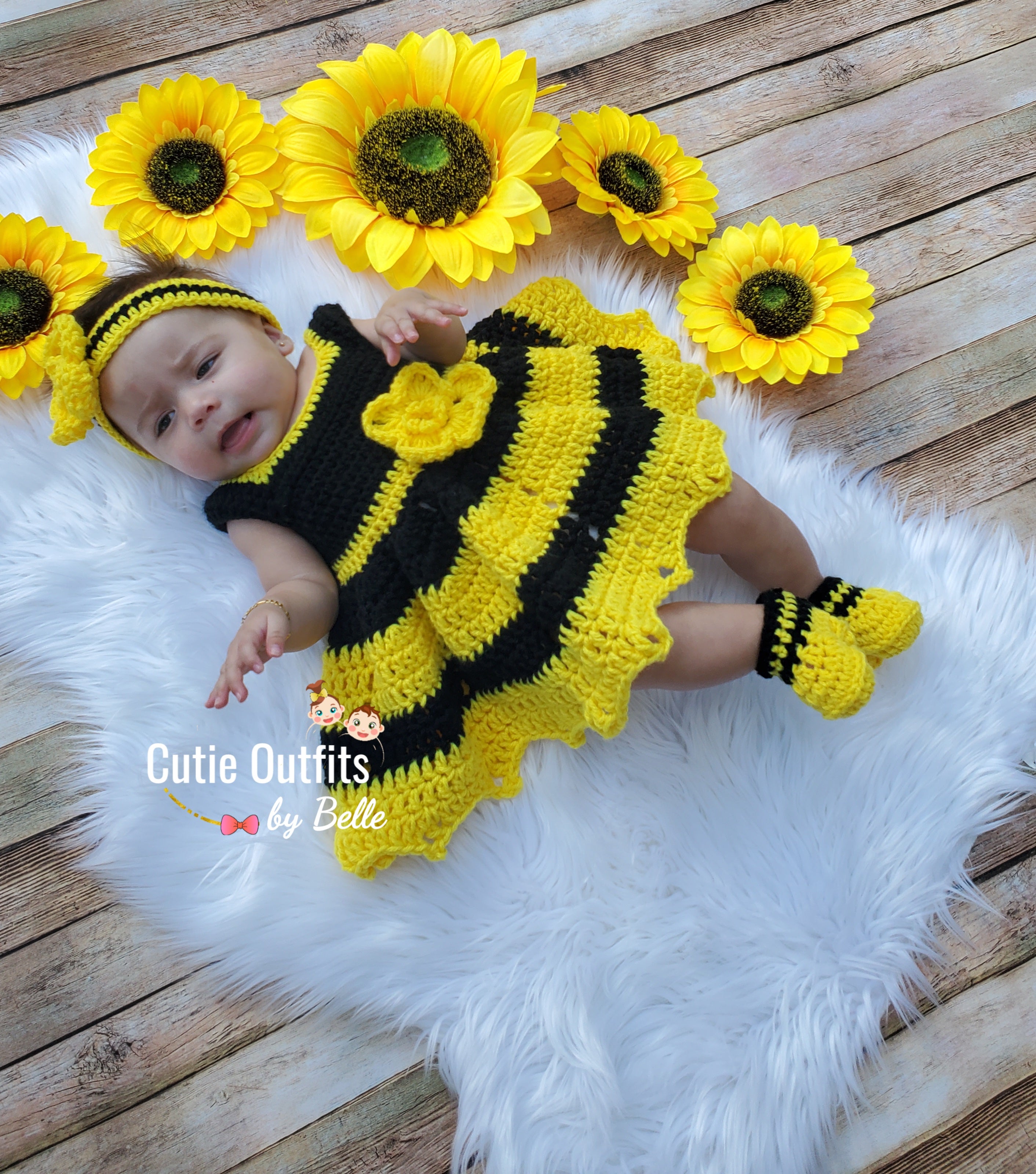 Bee Baby Girl Crochet Dress with Headband and Shoes, Yellow Black Crochet Baby Outfit 3pc Newborn Bee Baby Girl Crochet Dress with Headband and Shoes, Yellow Black Crochet Baby Outfit 3pc Newborn