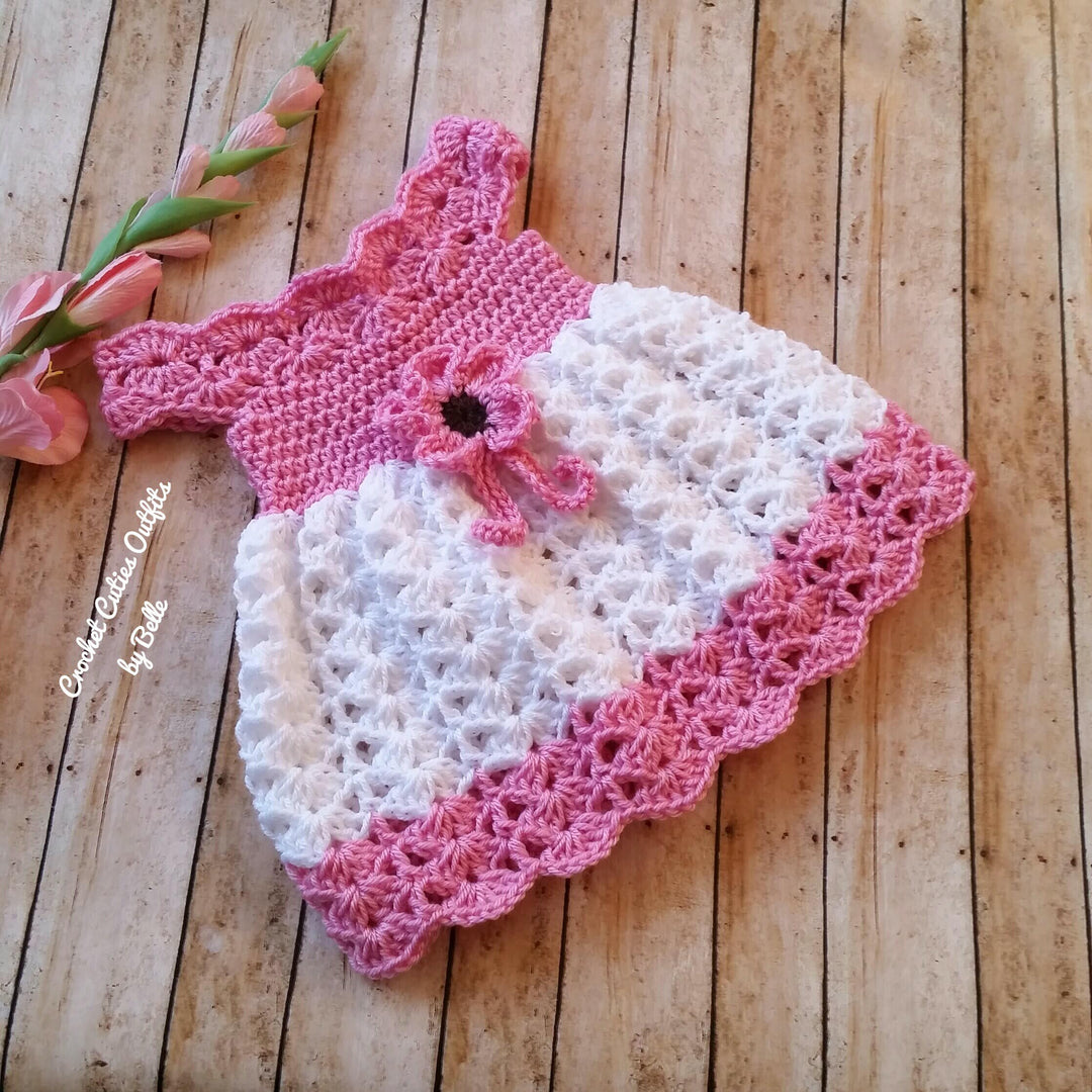 free crochet baby dress pink and white