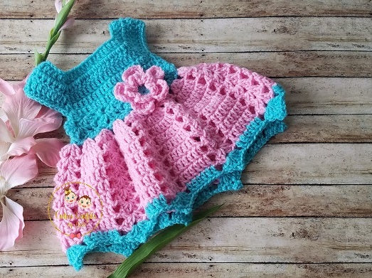 pink and turquoise crochet baby dress