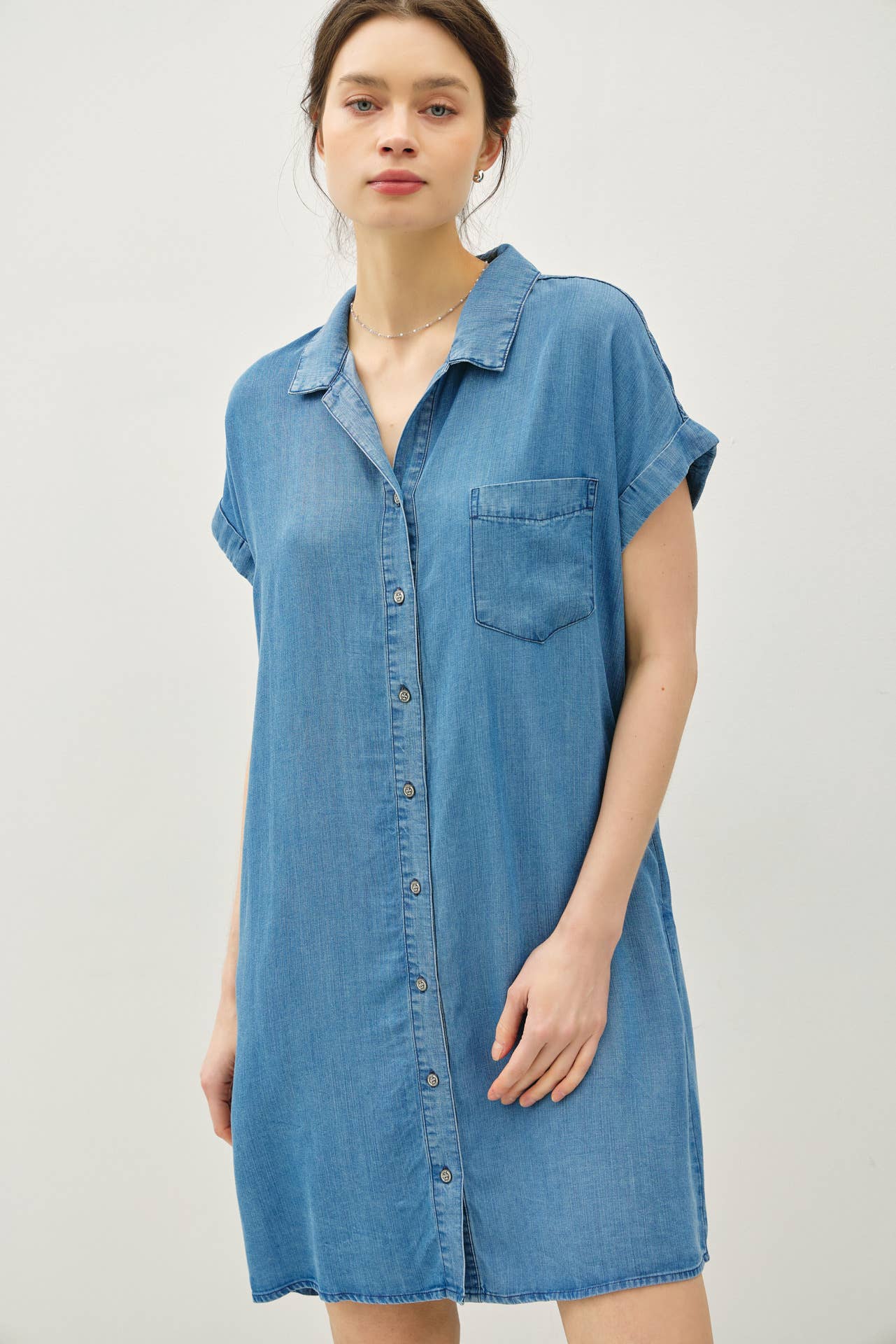 DENIM MED WASH BUTTON DOWN TENCEL DRESS : MED WASH / L