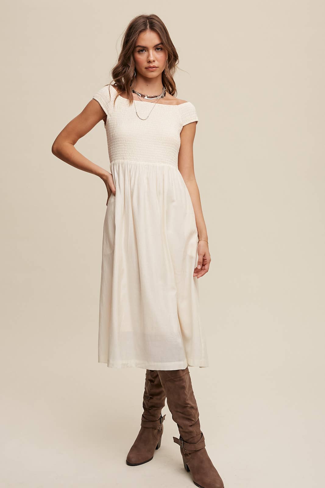 Smocked Bodice Cotton Midi Dress: Pink / S / M / L