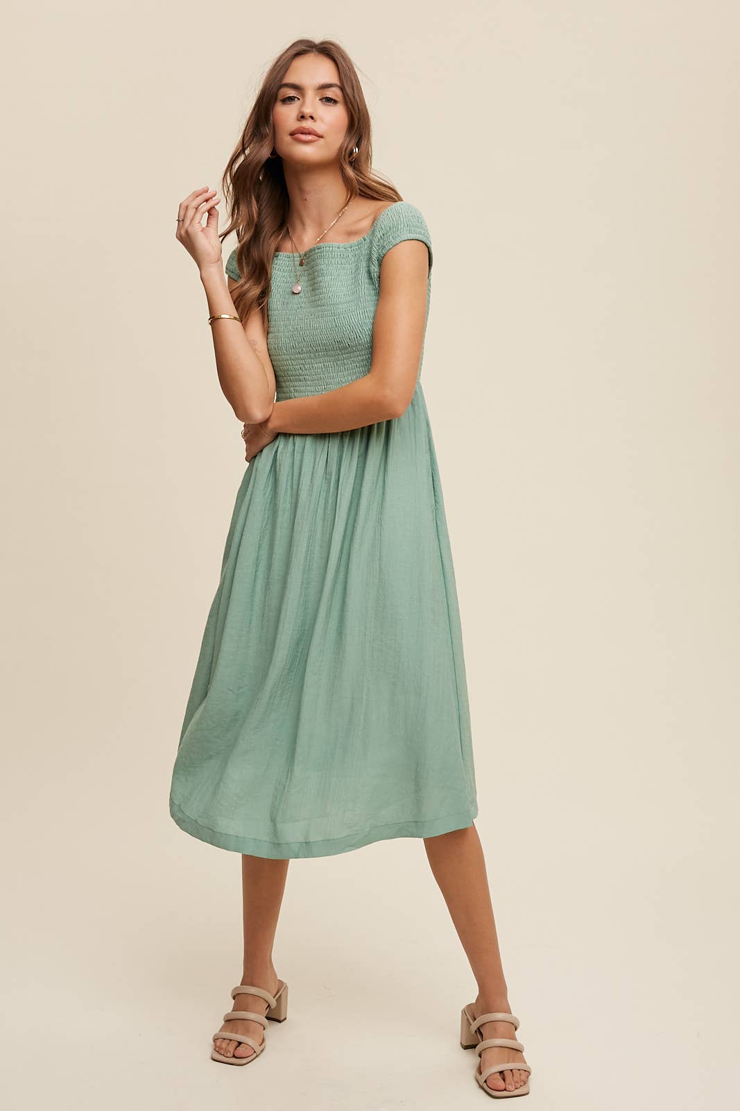 Smocked Bodice Cotton Midi Dress: Pink / S / M / L
