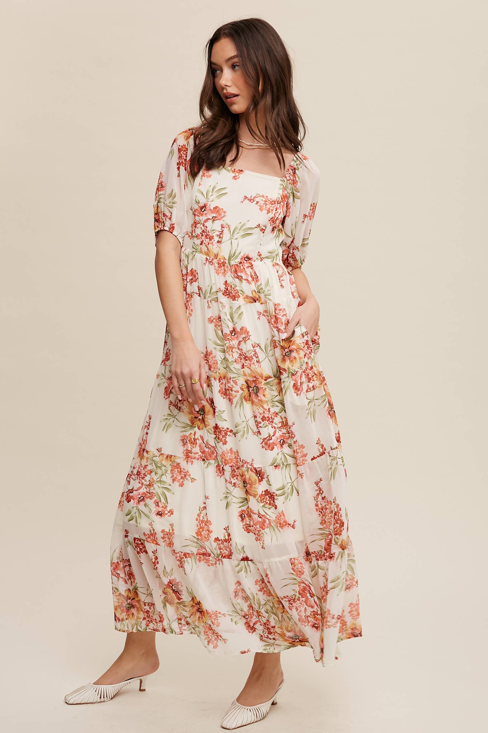 Floral Tiered Maxi Dress: Cream / S