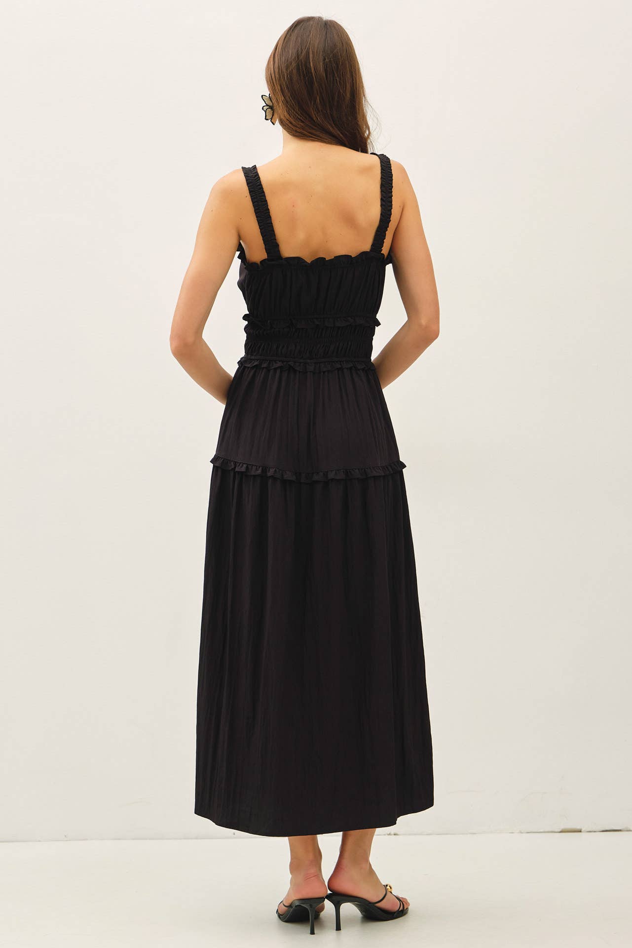 CRISPY BLACK COTTON RUFFLEED BABYDOLL DRESS : Black / M