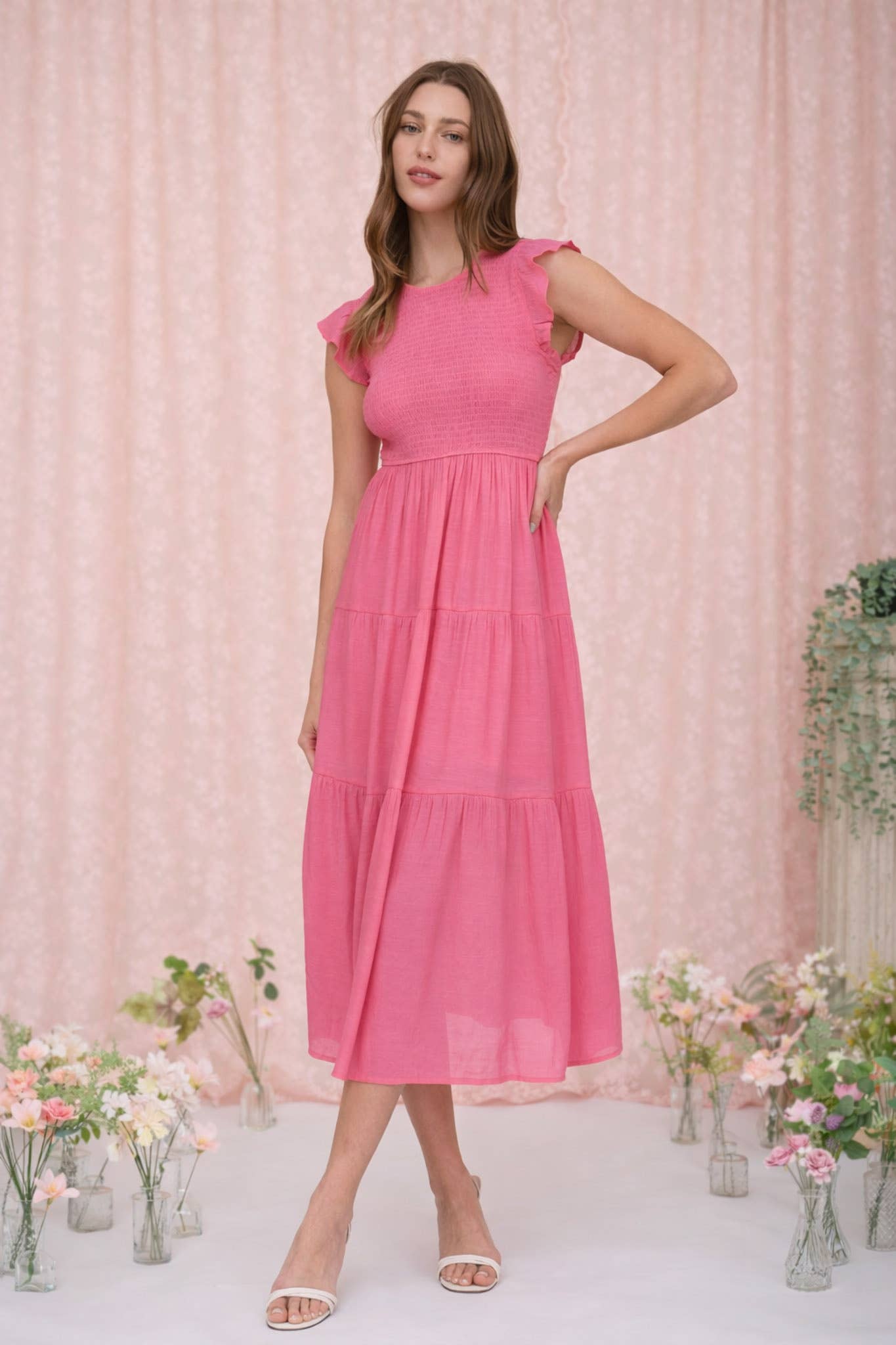 WOMEN SMOCKED TIERED MIDI DRESS HOT PINK S/M/L