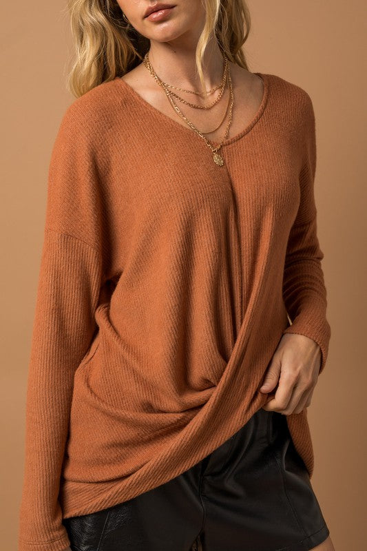 Long Sleeve V-Neck Draped Top