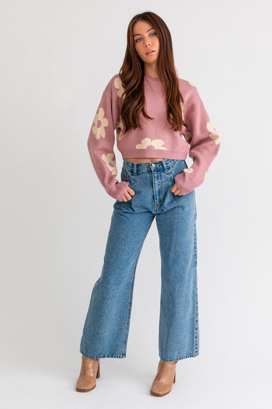 Long Sleeve Crop Sweater with Daisy Pattern