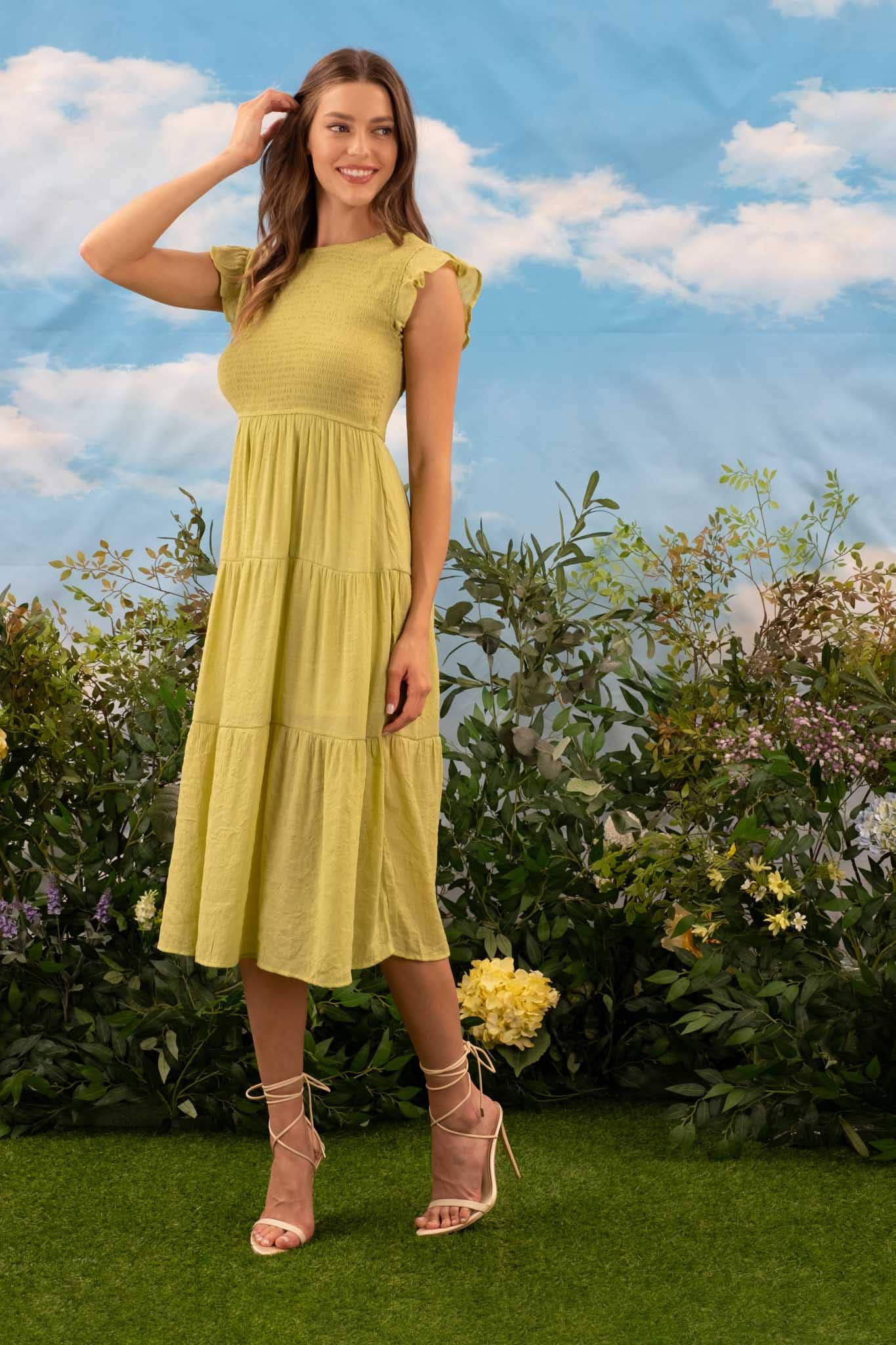 WOMEN SMOCKED TIERED MIDI DRESS HOT PINK S/M/L