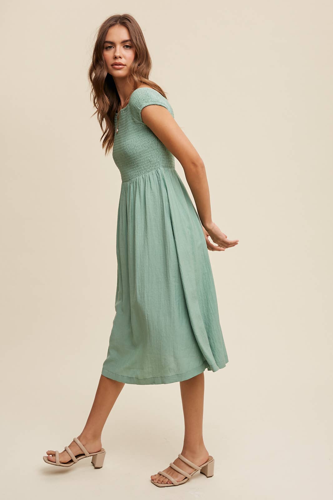 Smocked Bodice Cotton Midi Dress: Pink / S / M / L