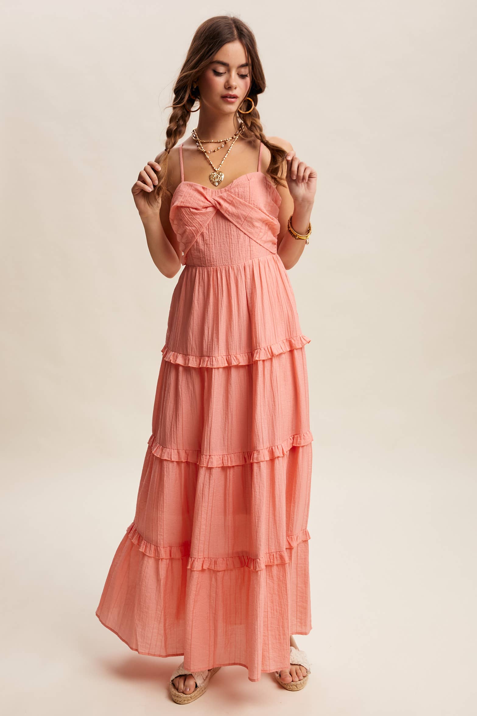 Tiered Spaghetti Strap Maxi Dress LD1393: Peach Coral / S /M/L