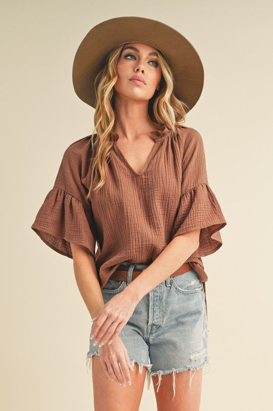 Tes 3/4 Sleeve Ruffle Top