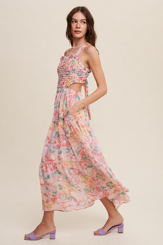 Floral  Dress Bubble Textured Two-Piece Style Maxi Dress