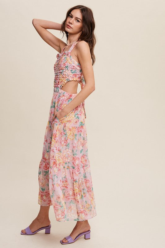 Floral  Dress Bubble Textured Two-Piece Style Maxi Dress