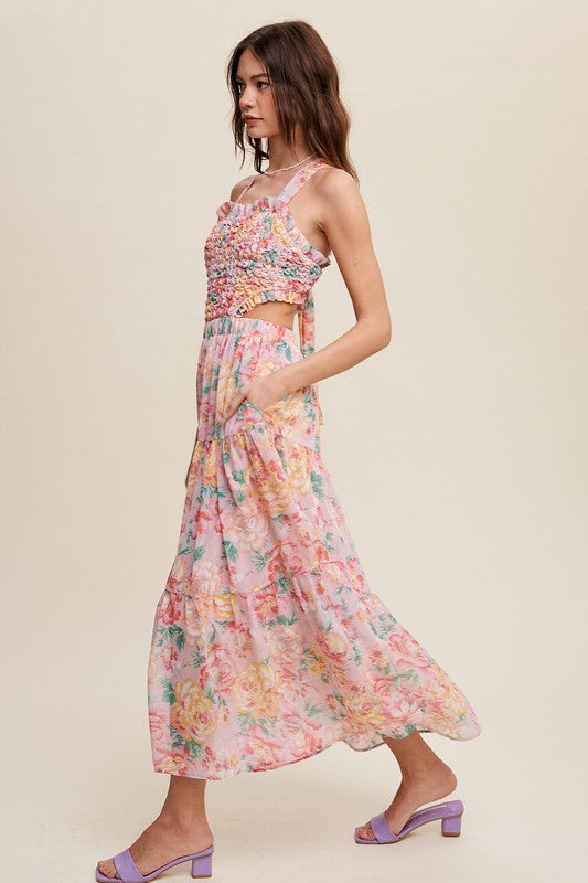 Floral  Dress Bubble Textured Two-Piece Style Maxi Dress