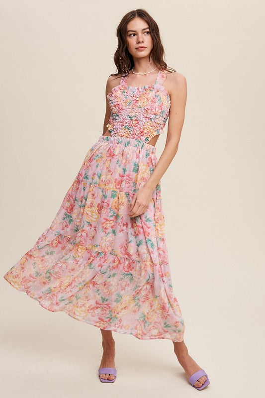 Floral  Dress Bubble Textured Two-Piece Style Maxi Dress