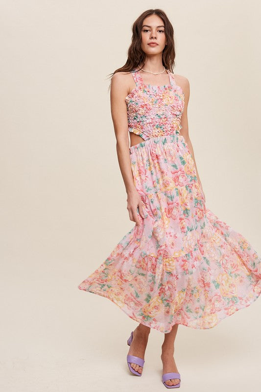 Floral  Dress Bubble Textured Two-Piece Style Maxi Dress