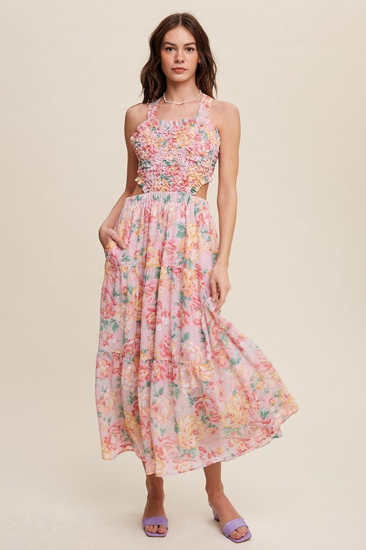 Floral  Dress Bubble Textured Two-Piece Style Maxi Dress