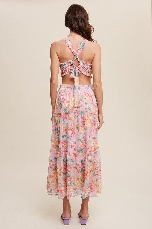 Floral  Dress Bubble Textured Two-Piece Style Maxi Dress