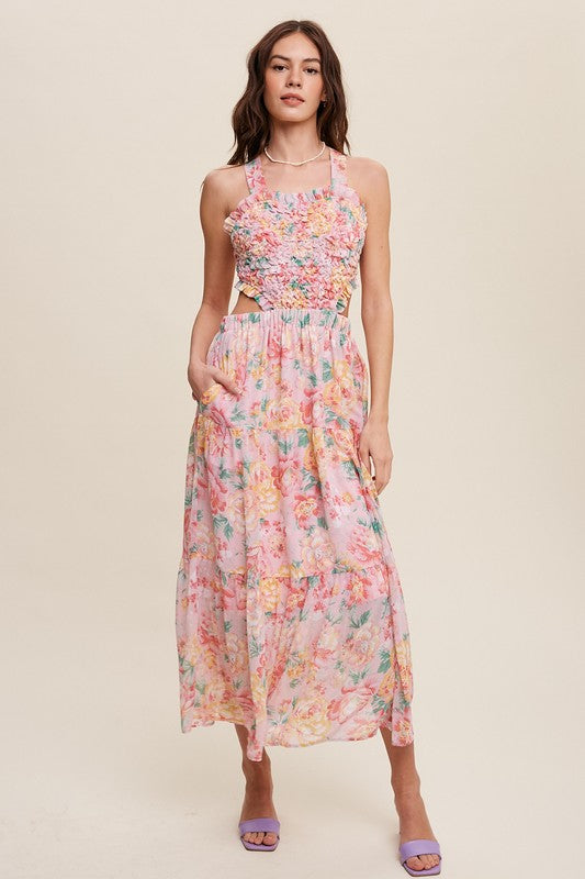 Floral  Dress Bubble Textured Two-Piece Style Maxi Dress