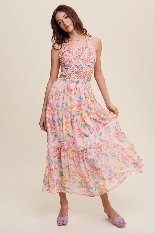 Floral  Dress Bubble Textured Two-Piece Style Maxi Dress