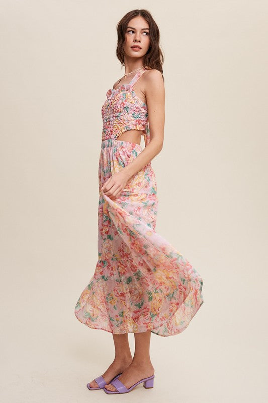 Floral  Dress Bubble Textured Two-Piece Style Maxi Dress