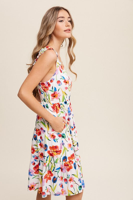 Women Floral Dress, Flower Print Square Neck Dress