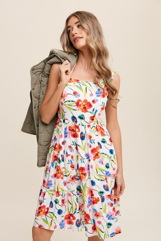 Women Floral Dress, Flower Print Square Neck Dress