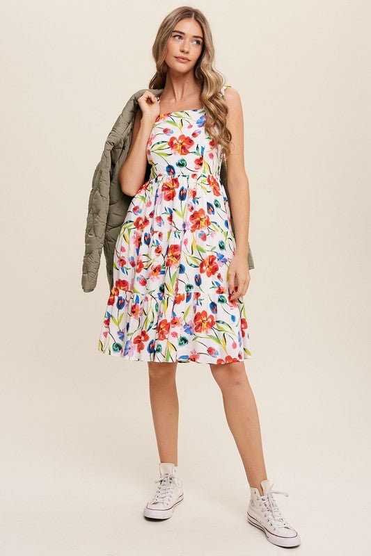 Women Floral Dress, Flower Print Square Neck Dress