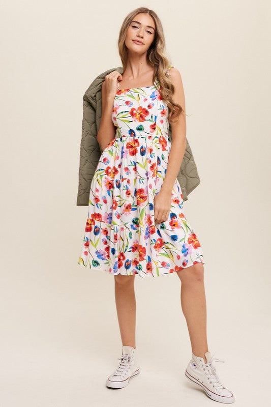 Women Floral Dress, Flower Print Square Neck Dress