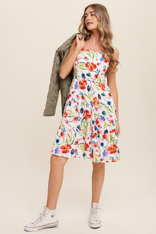 Women Floral Dress, Flower Print Square Neck Dress