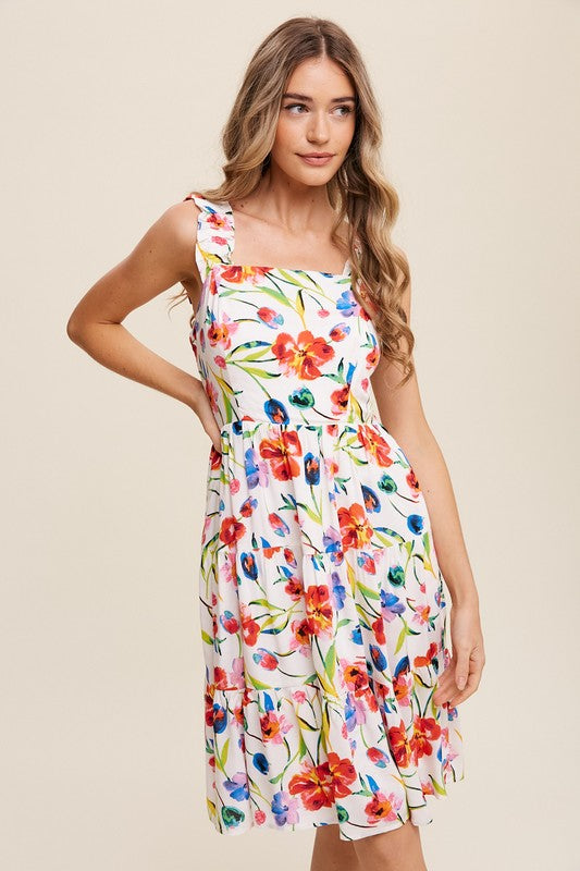 Women Floral Dress, Flower Print Square Neck Dress