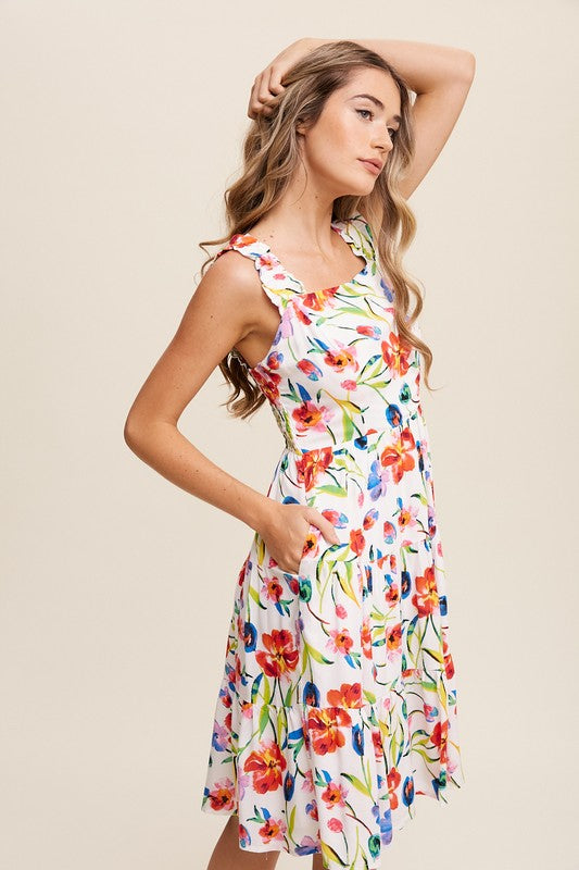 Women Floral Dress, Flower Print Square Neck Dress