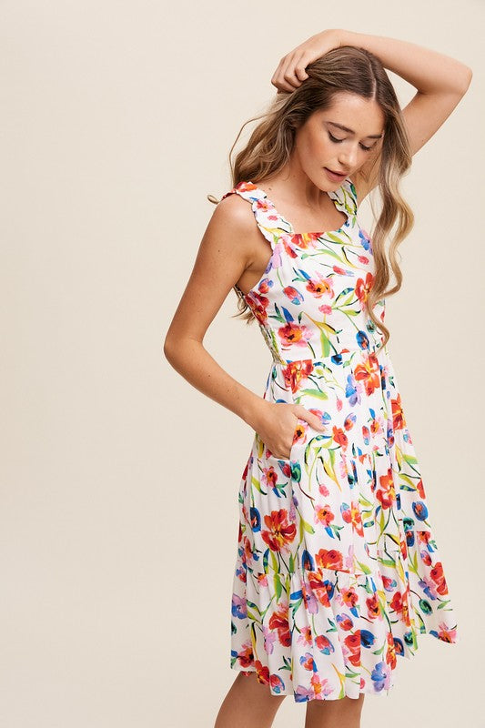 Women Floral Dress, Flower Print Square Neck Dress