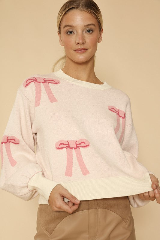 Bow knit sweater, Women Sweater with Pink Bows