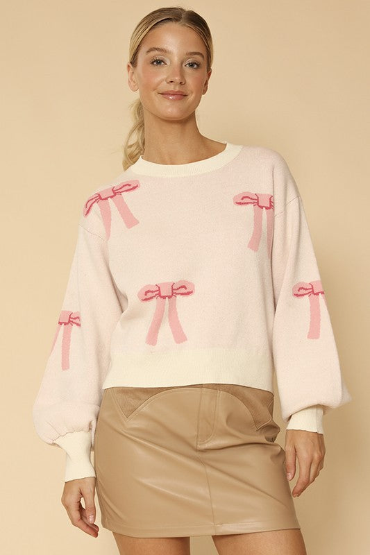 Bow knit sweater, Women Sweater with Pink Bows