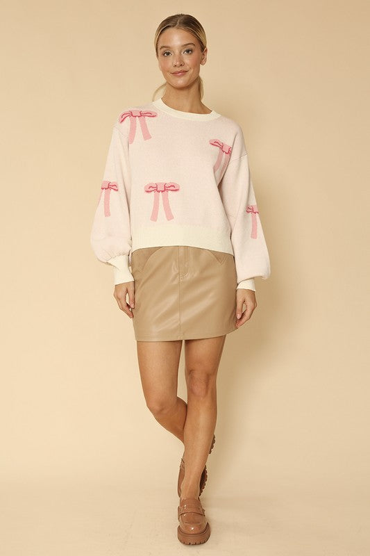 Bow knit sweater, Women Sweater with Pink Bows