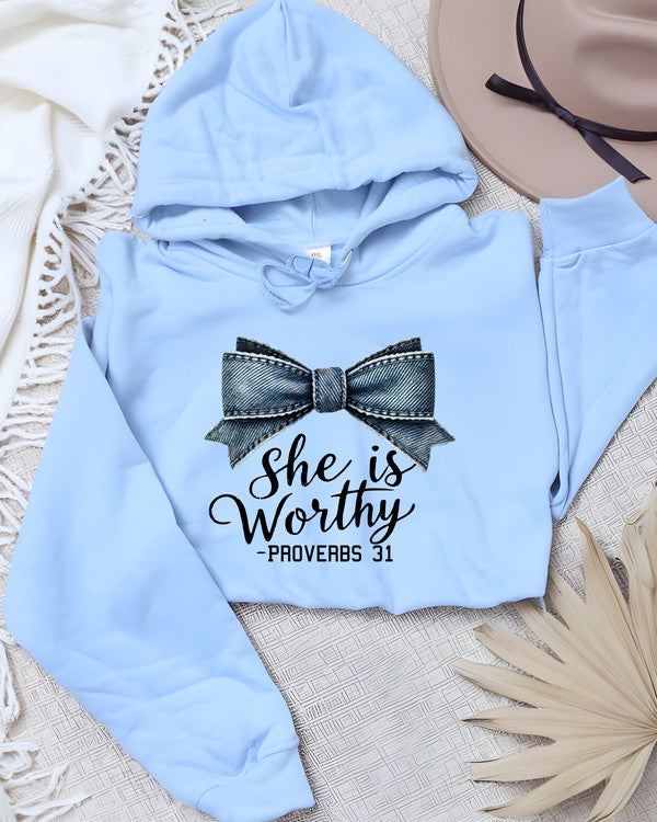 Blue Bow She is Worthy Proverbs 31 Graphic Hoodie