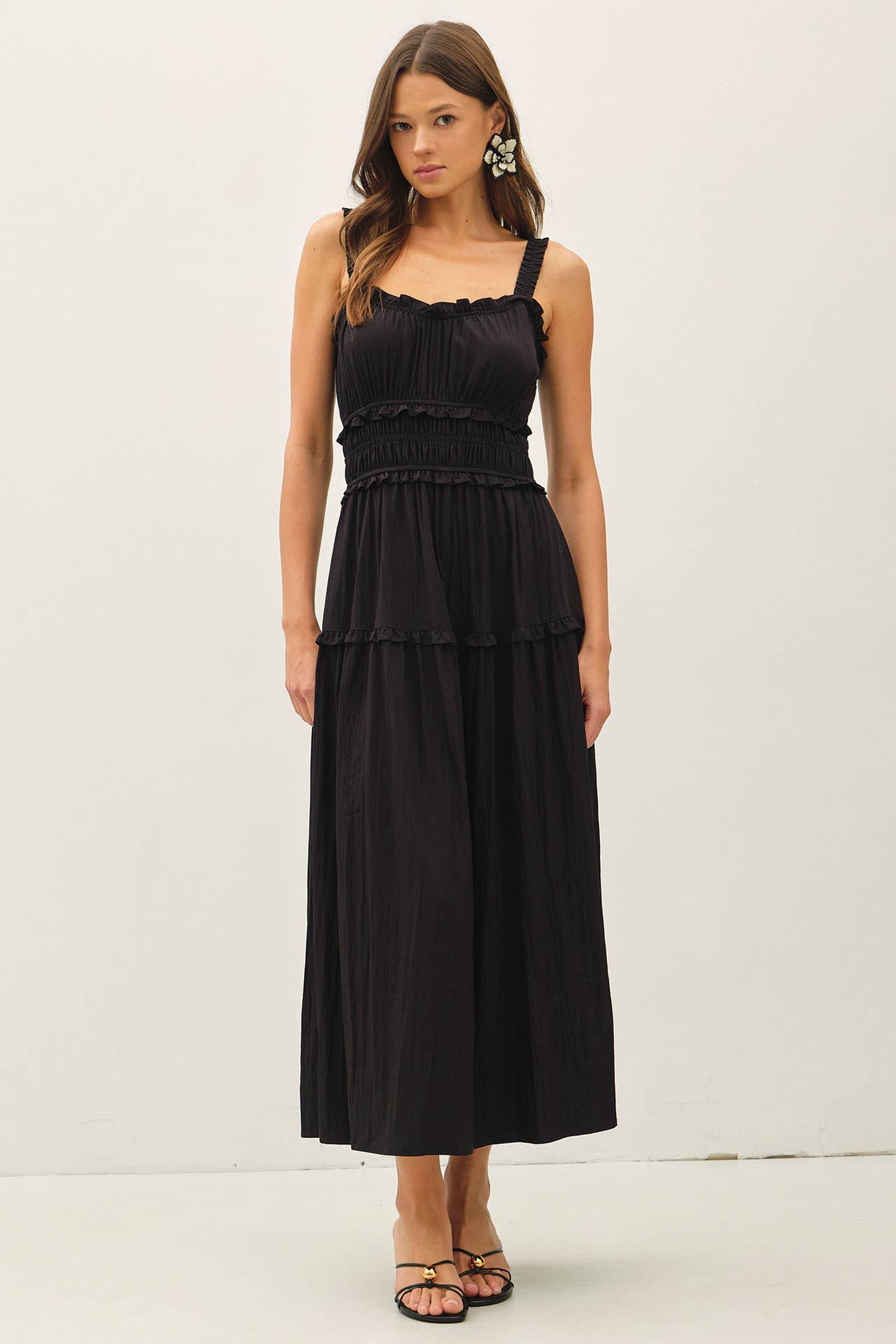 CRISPY COTTON RUFFLEED BABYDOLL DRESS : Black / S