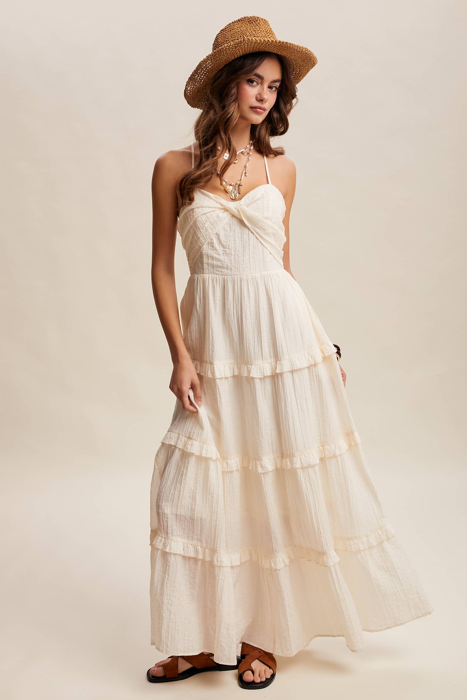 Tiered Spaghetti Strap Maxi Dress LD1393: Cream / Small/ Medium/ Large