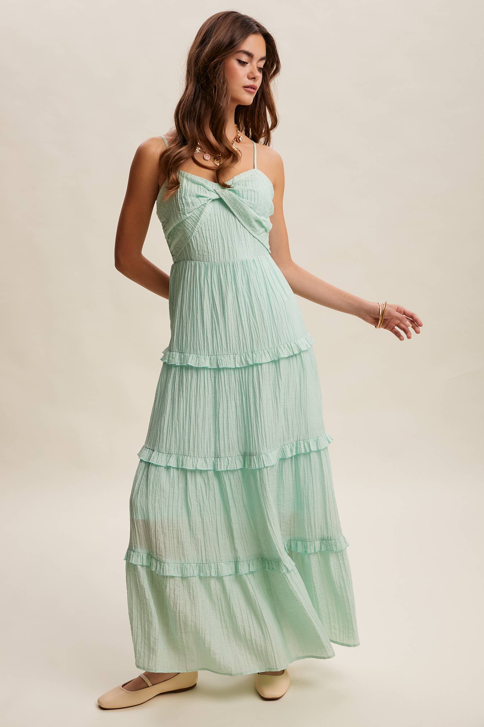 Tiered Spaghetti Strap Maxi Dress LD1393: Peach Coral / S /M/L