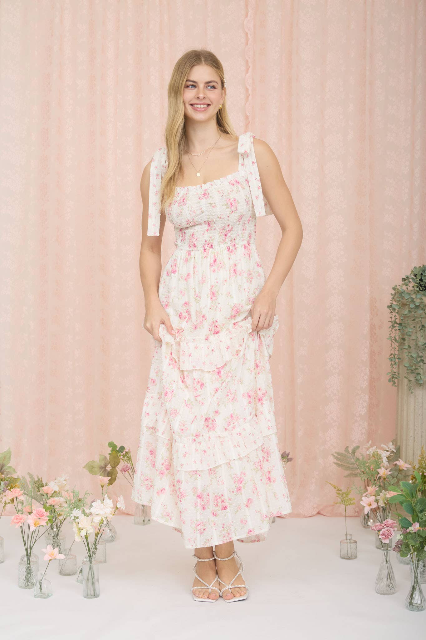 FLORAL SWEETHEART SMOCKED RUFFLE DETAIL MIDI DRESS: YELLOW MULTI