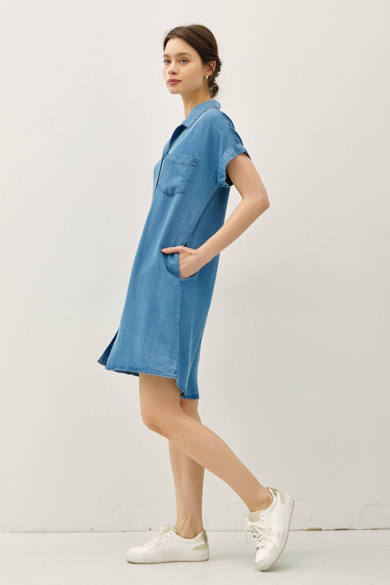 DENIM MED WASH BUTTON DOWN TENCEL DRESS : MED WASH / L