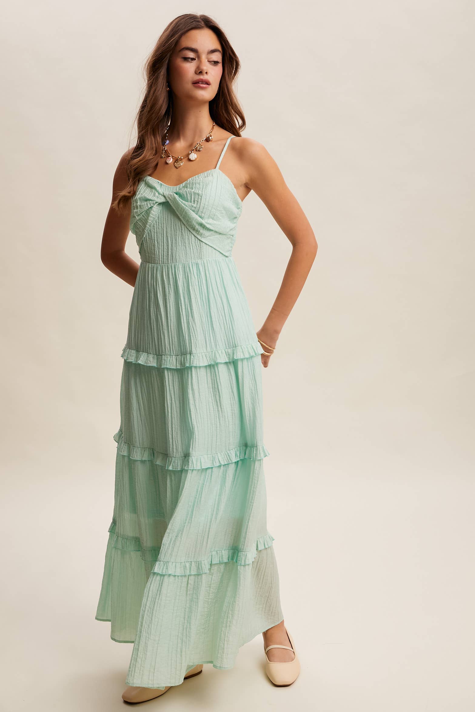 Tiered Spaghetti Strap Maxi Dress LD1393: Peach Coral / S /M/L