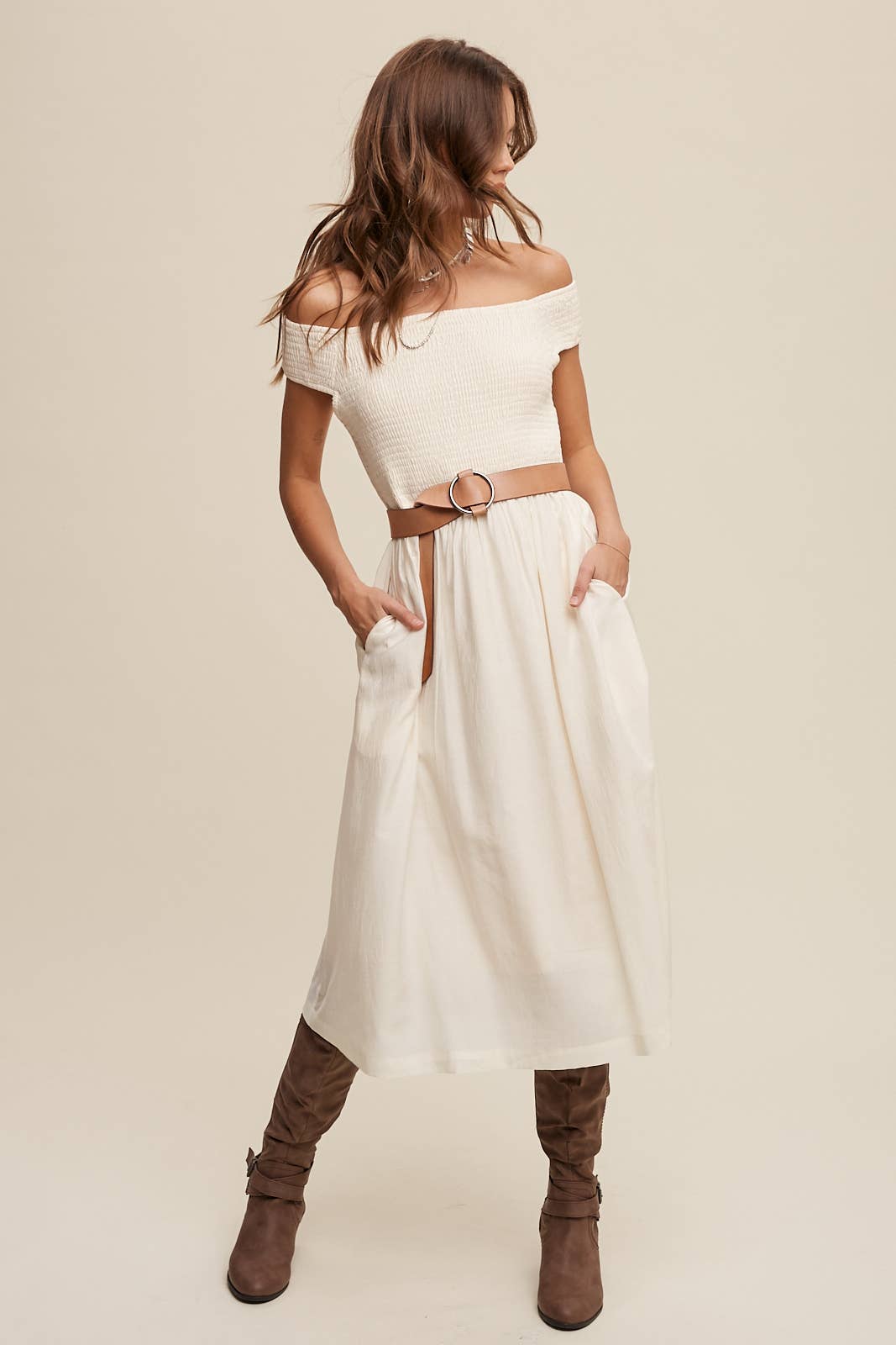 Smocked Bodice Cotton Midi Dress: Pink / S / M / L