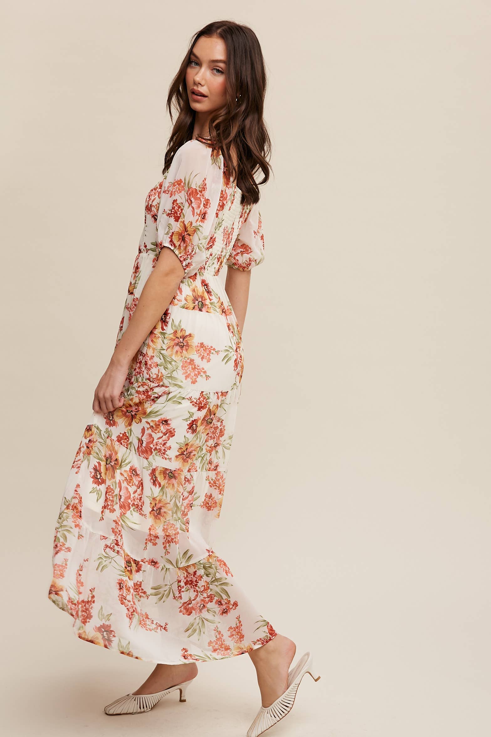 Floral Tiered Maxi Dress: Cream / S