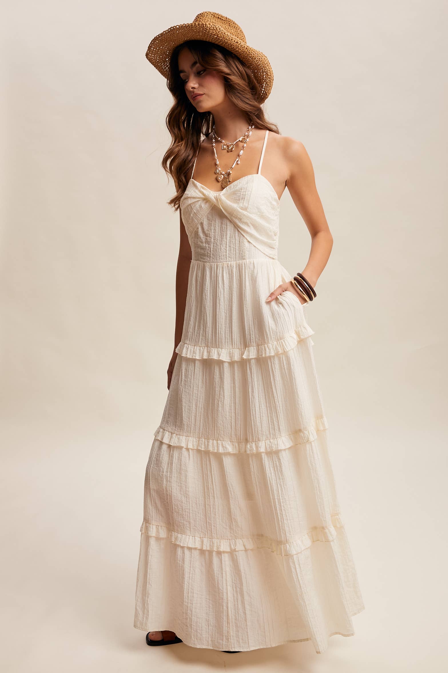 Tiered Spaghetti Strap Maxi Dress LD1393: Cream / Small/ Medium/ Large