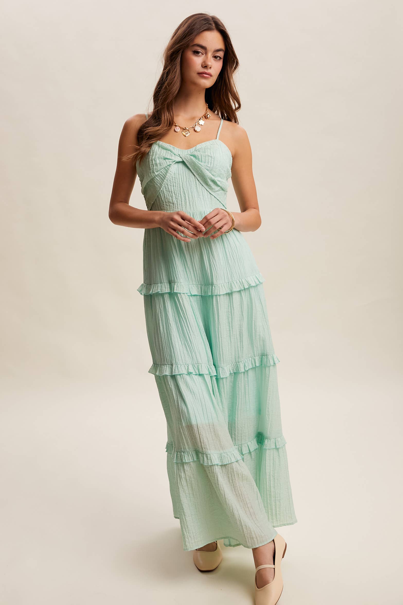 Tiered Spaghetti Strap Maxi Dress LD1393: Peach Coral / S /M/L