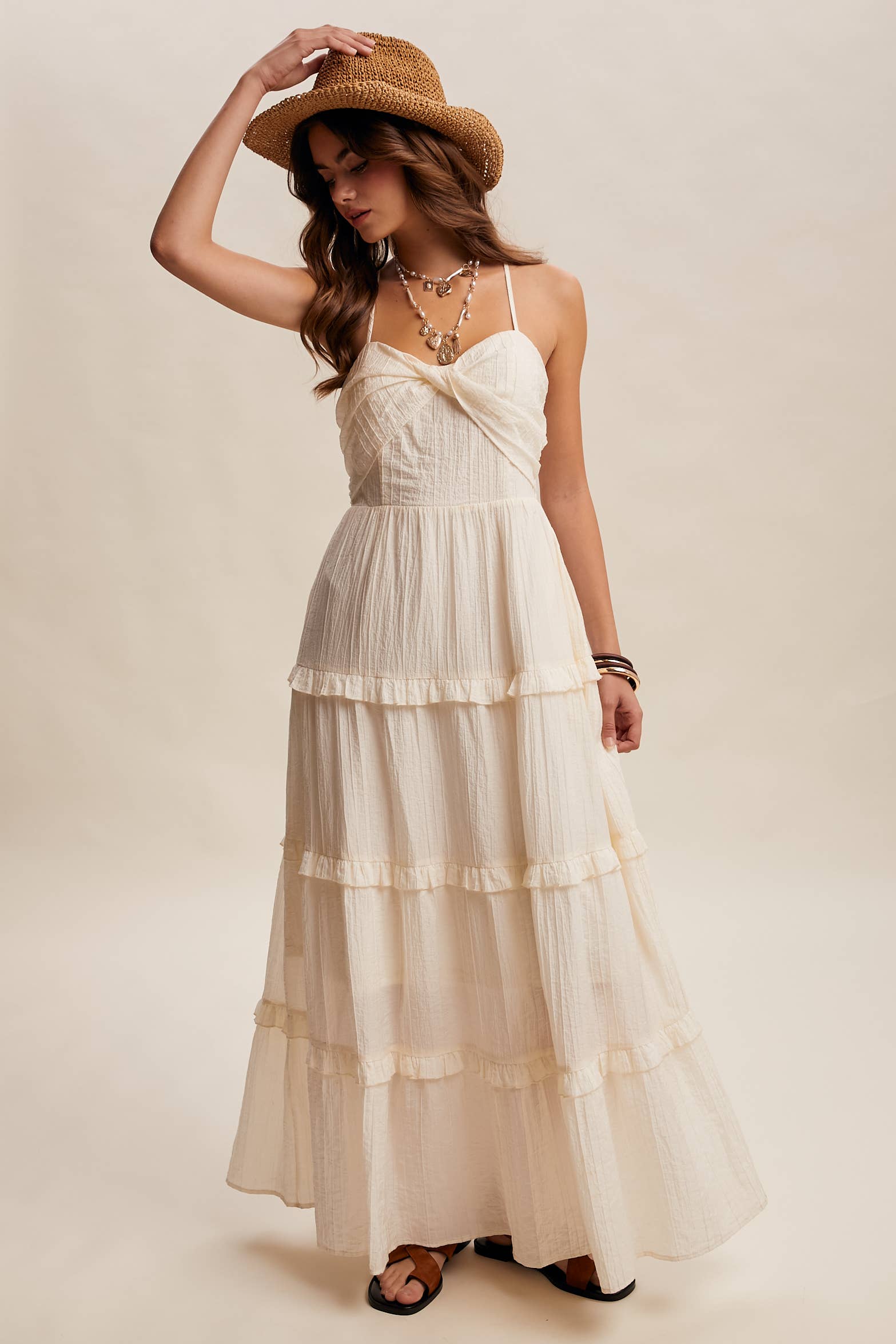 Tiered Spaghetti Strap Maxi Dress LD1393: Peach Coral / S /M/L